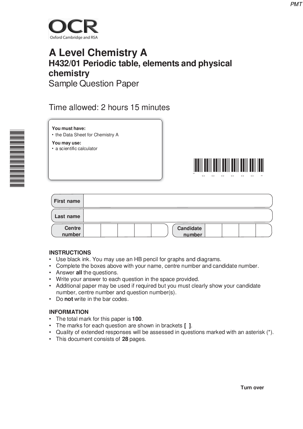 Preview image for A Level Chemistry A H432/01 Periodic Table, Elements and Physical Chemistry